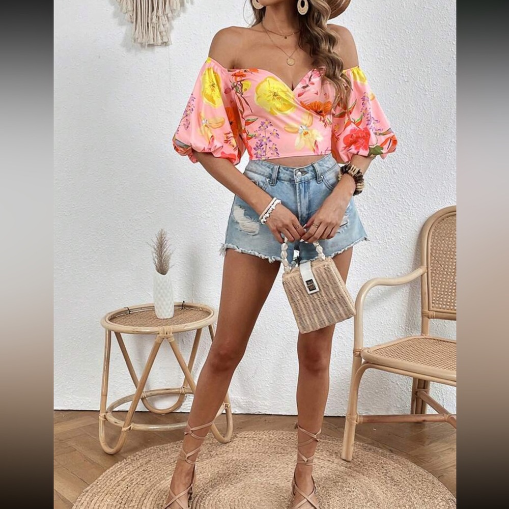 Boho floral print puff sleeve crop top - Picture 6 of 6